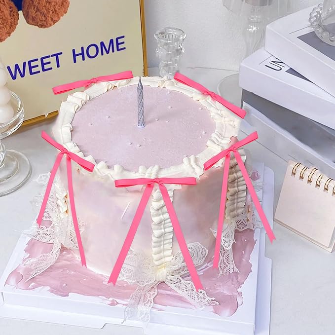 12 PCS Pink Bow Cake Topper Coquette Ribbons Bows Cake Decorations Pink Bowknot Birthday Cake Toppers Baby Bridal Shower Wedding Party Supplies