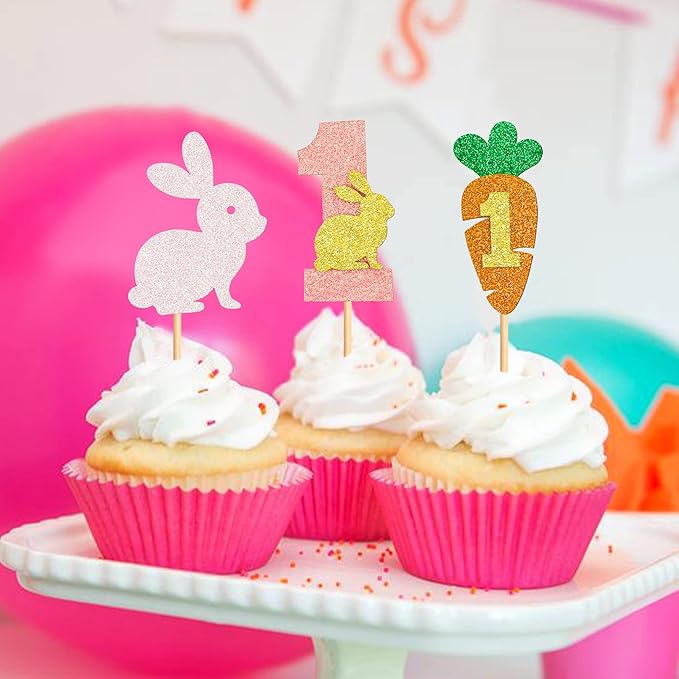 Ercadio 24Pcs Easter Bunny One Cupcake Toppers Glitter Rabbit Carrot One Cupcake Picks for Easter 1st Birthday Party Easter Baby Shower Rabbit Boys Girls First Birthday Cupcake Decorations