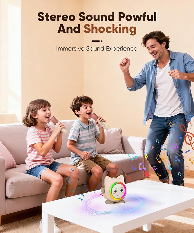 Mini Karaoke Machine Toy for Kids, Portable Karaoke Machine with 2 Wireless Microphone for 4,5,6,7,8,9,10,11,12+ Years Old Christmas Birthday Gifts Girls Boys (Beige)