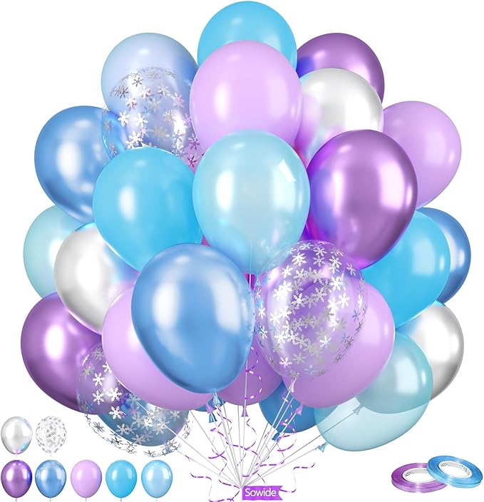 Winter Birthday Balloons, 50Pcs 12 Inches Metallic Purple Blue Silver Snowflake Balloons for Girls Winter Theme Birthday Snow Theme Party Baby Shower Party Decorations