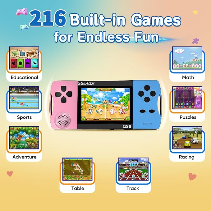 16 Bit Handheld Games for Kids with 3.5" IPS Large Screen Built-in 216 Retro Video Games Portable Gaming Player with Rechargeable Battery Mini Arcade Electronic Toy Gifts for Boys Girls (Blue+Pink)