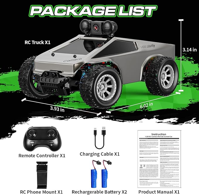 RC Cars with Camera Remote Control Truck with 720P HD FPV Camera, All-Terrain Remote Control Car with Led Light Rechargeable Battery, 1:28 RC Car Vehicle Toy Gifts for Kids Boys Girls