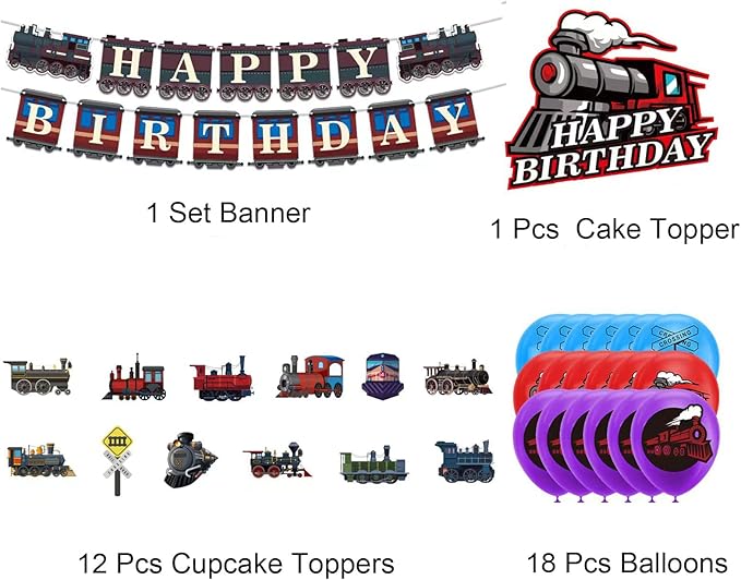 Retro Train Birthday Party Supplies - Includes Train Happy Birthday Banner, Cake Topper, Cupcake Toppers, Balloons for Vehicle Party Decorations