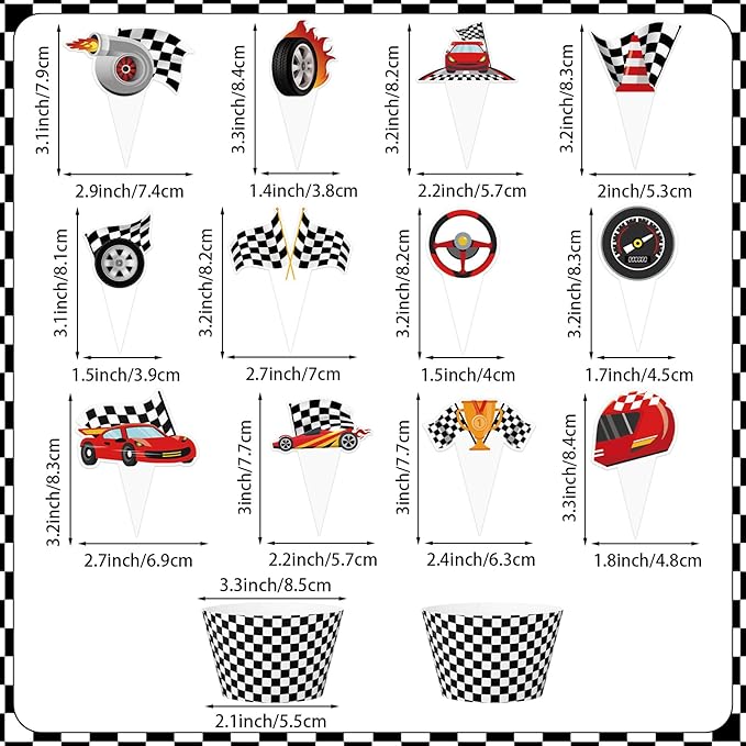 48 Pack Race Car Cupcake Toppers and Wrappers, Race Car Party Cake Decoration for Racing Checkered Theme Birthday Party Baby Shower Supplies