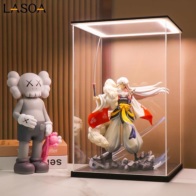 LASOA Acrylic Display Case for Collectibles with LED Light, Alternative Glass Display Box with Black Base and Lid, Self-Assembly Clear Storage Showcase for Memorabilia (9.8x9.8x11.8inch;25x25x30cm)