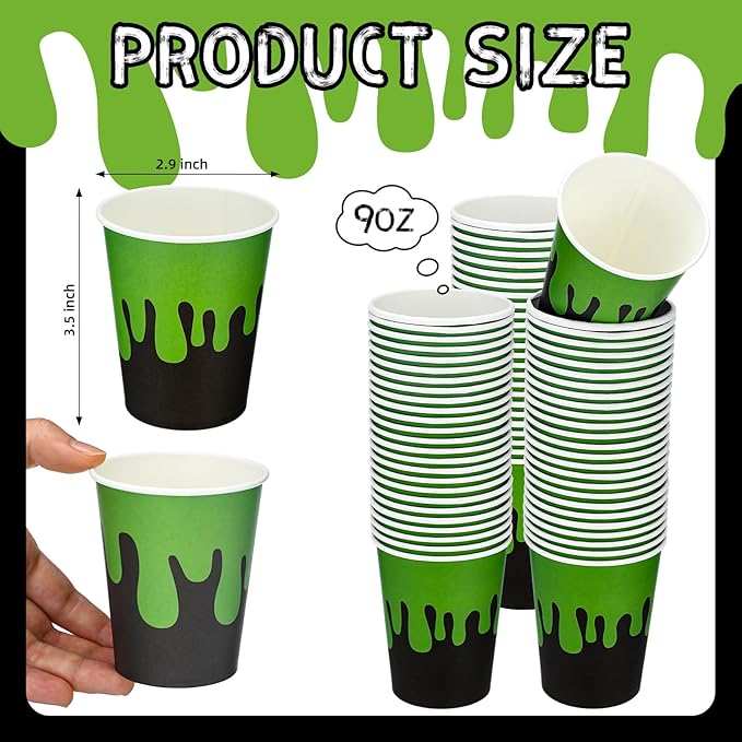 50 Pcs Ghost Themed Disposable Paper Cups 9 oz Green and Black Paper Cups for Juice Hot Cold Beverage Drinking Kids Boys Girls Birthday Party Supplies Halloween Ghost Theme Decor