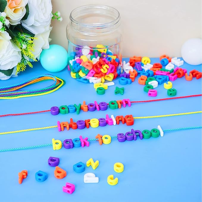 Wesiti Lacing Letters Beads Alphabet Learning Toys Toddler ABC Alphabet Beads Lacing Sports Skills Toys for Preschool Games Homeschool Supplies Early Spelling(Lowercase Letters,408 Pcs)