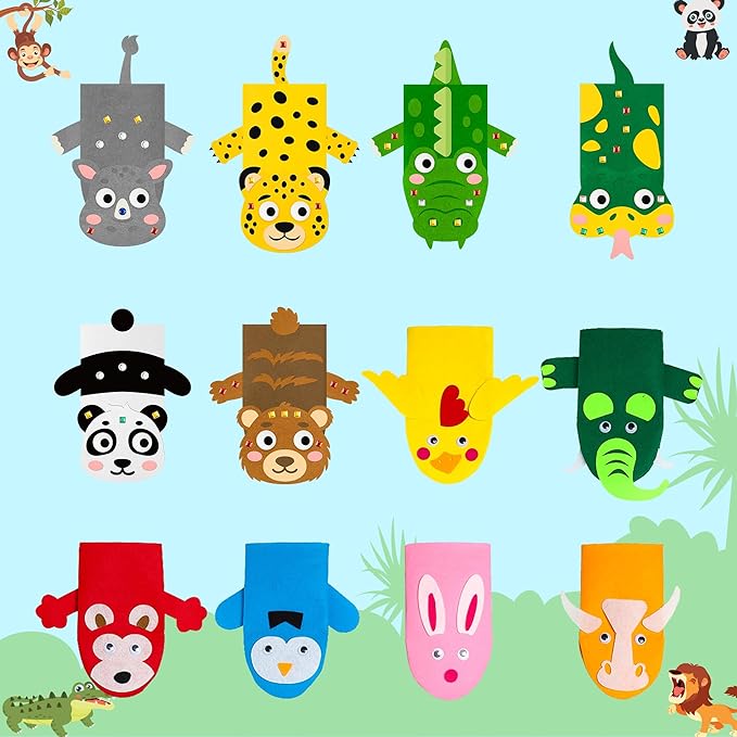 WATINC 12Pcs Hand Puppet Making Kit, Art Craft Felt Sock Puppet Toys, Creative DIY Make Your Own Pompoms Wiggle Googly Eyes Storytelling Role Play Party Supplies Gift for Girls Boys (Animals Wild A)