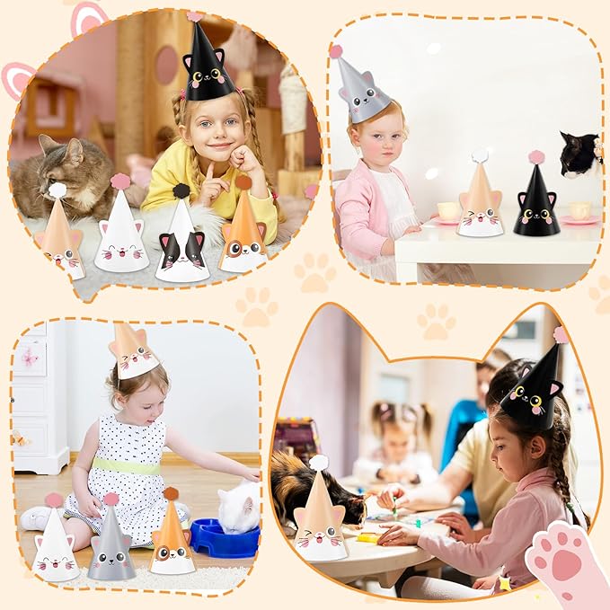 24 PCS Cat Birthday Party Decoration for Kids Cute Kitten Themed Party Cone Hats Cat Theme Cone Hats Kids Birthday Headwear for Boys and Girls Cosplay Dress Up Kitten Themed Supplies，6 Designs
