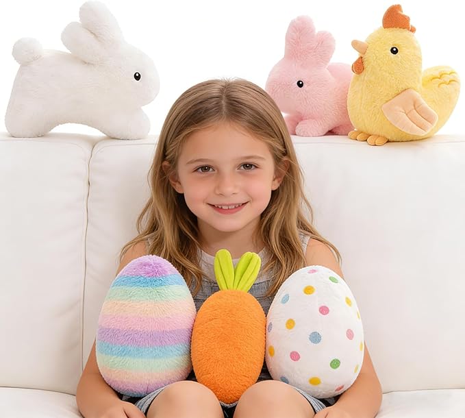 MaoGoLan 6 Pack Easter Stuffed Animals Bulk, 9 inch Floppy Bunnies Easter Eggs Chicken Carrot Plush Toys Set for Kids Girls Gift Non-Candy Basket Stuffers Party Favors Decorations