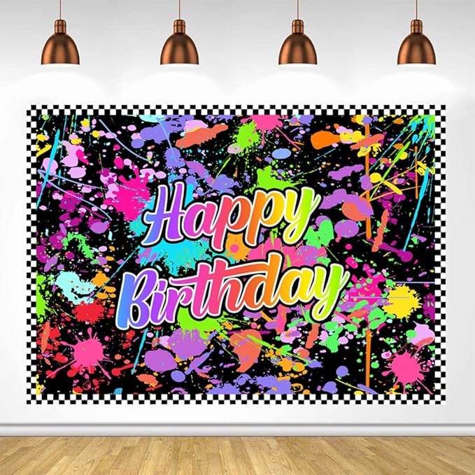Lofaris Neno Glow in The Dark Birthday Party Photography Backdrops Colorful Graffiti Splash Paint Background Slime Happy Birthday Black Light Sleppover Party Banner Decor for Kids Birthday Supplies