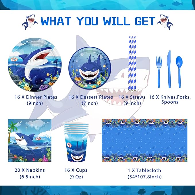 Mpanwen Shark Party Supplies, 216Pcs Shark Themed Birthday Party Decorations Decor - Banner, Paper Glasses, Balloons, Cake Toppers, Plates, Tablecloth, Hanging Swirls, Wall Signs Serves 16 Guests