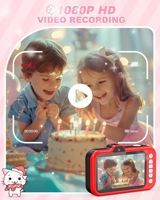 Kids Camera, 1080P 48MP Front Selfie Toddler Camera, 3.5 inch Big Screen Toy Camera, 10X Zoom in Chritmas Birthday Gift Cameras for Kids Boys Girl Age 2 3 4 5 6 7 8 9 10 11 12, Red