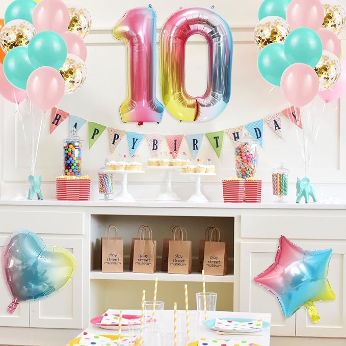 10th Birthday Gradient Color Balloons with Happy Birthday Banner and Party Supplies for Girls & Boys