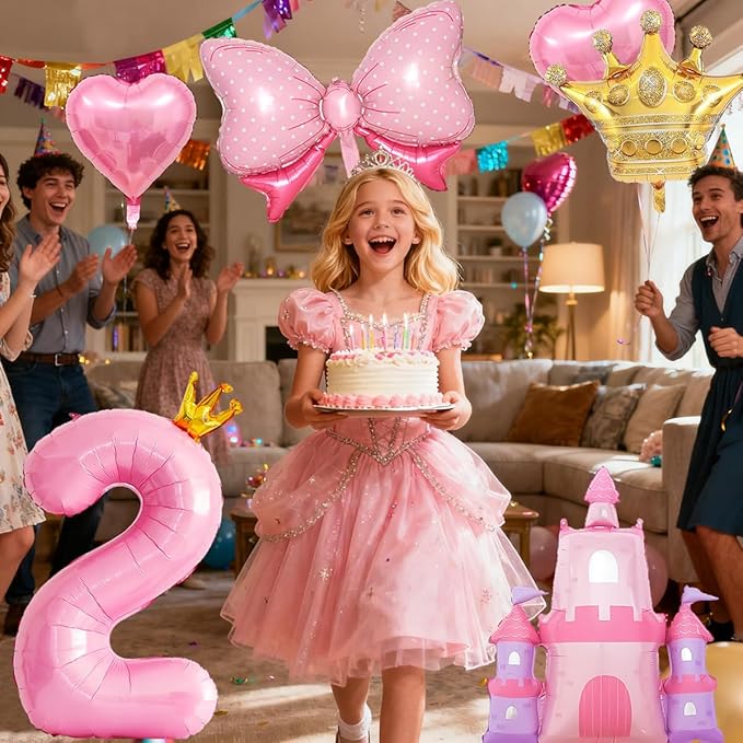 Princess Balloons for 2nd Birthday Decorations for Girl Pink Castle Balloons Large Pink Crown Number 2 Balloon for Princess Birthday Party Decorations