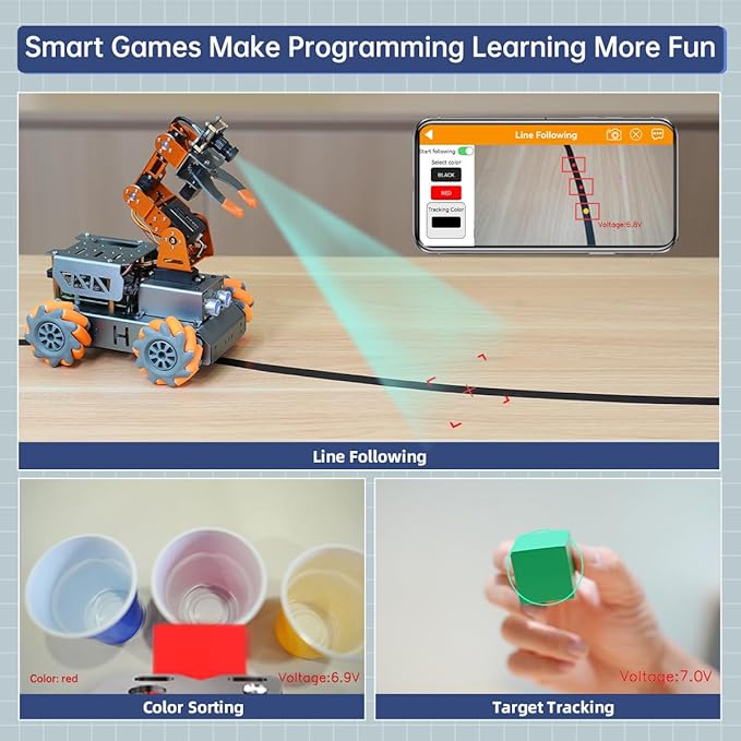 MasterPi 5DOF Robotic Arm for RaspberryPi 5 AI Vision Tracking Target Sorting Line Follow Open Source Programming Smart Robot Car Kit for Teen Adult STEM Educational Building Robot, with RPi 5 4GB
