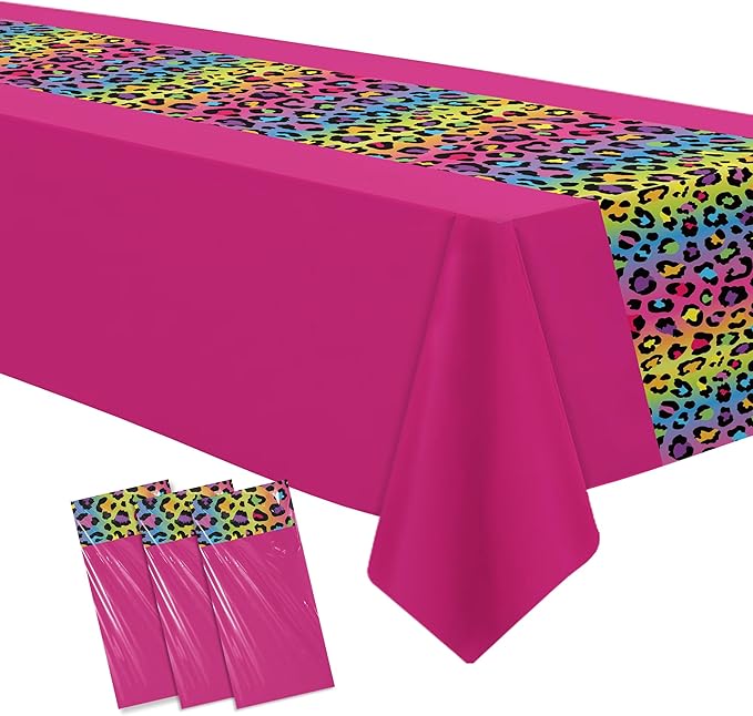 Leopard Party Decorations Tablecloth, 3Pcs Disposable Hot Pink Iridescent Rainbow Cheetah Print Party Supplies Table Cover Printed Table Runner for Birthday Bridal Shower Wedding, 55in x 86in