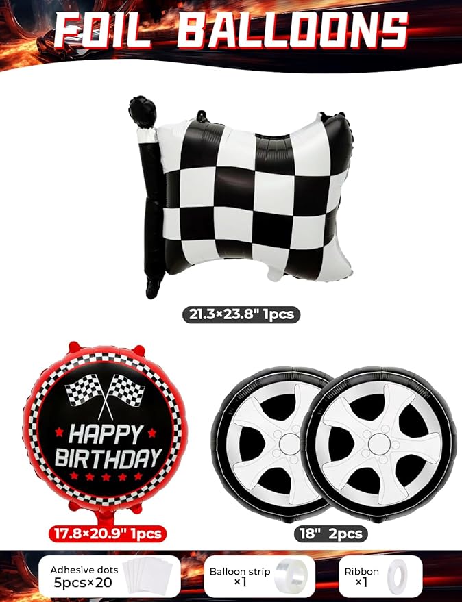 Race Car Balloon Arch Garland Kit, 103 Pcs Red Black Silver Balloons with Foil Checkered Flags and Wheels Balloons, for Racing Themed Birthday Party Supplies for Boys