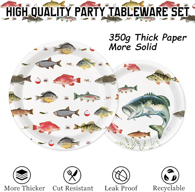 170PCS Fishing Birthday Party Decorations Gone Fishing Party Decorations Include Plates, Cups, Cutlery, Banner, Tablecloth for Ofishally One Birthday Decorations
