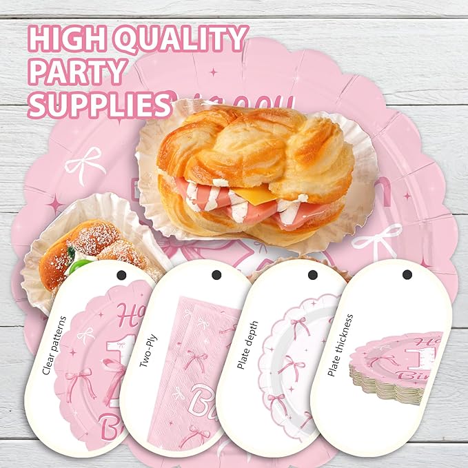 96Pcs Pink Bow Party Supplies Coquette 18th Birthday Party Plates and Napkins Disposable Bow Themed Tableware Set for Girl Happy 18th Birthday Baby Shower Decorations, Serves 24