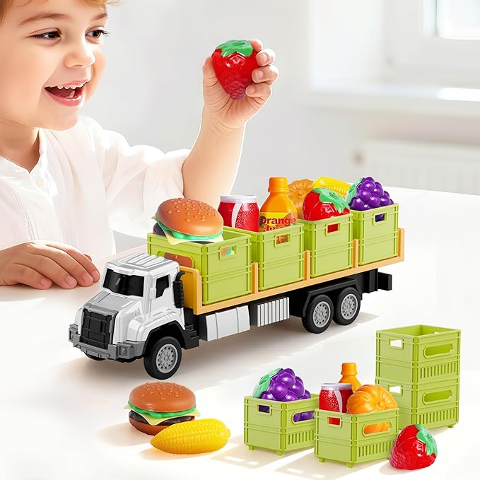 iPlay, iLearn Kids Friction Food Transport Truck Toys, Toddler Push Go Car Vehicle W/Storage Boxes & Foods, Alloy Head Cargo Carrier Play Trucks, Birthday Stocking Gift for 3 4 5 Year Old Boy Girl