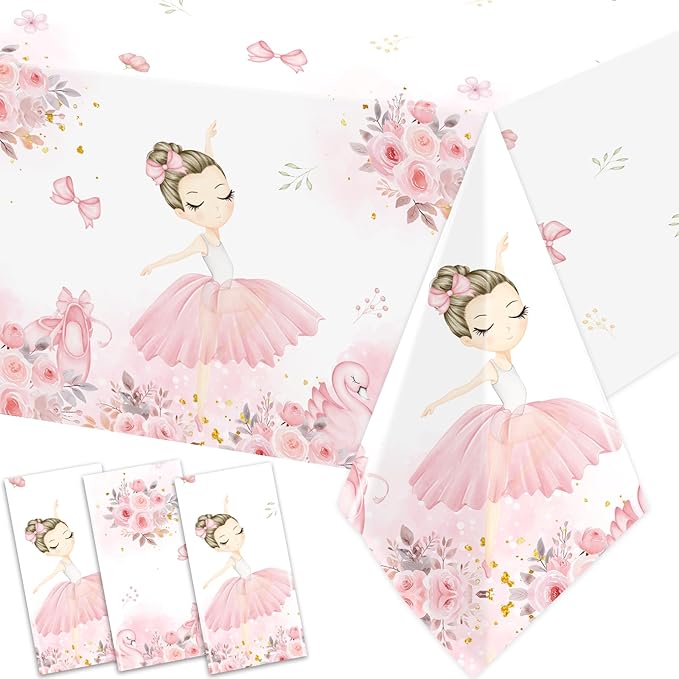 Pink Ballerina Tablecloths 3 Pieces Birthday Party Decorations Plastic Table Cover for Girl Ballet Party Supplies Baby Shower Wedding Decor (70.8in x 42.5in)
