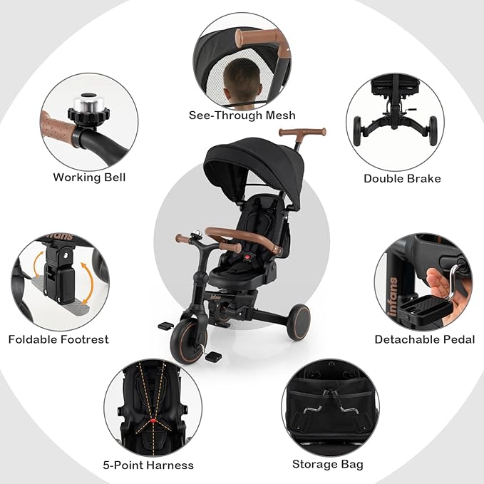 INFANS 9-in-1 Foldable Toddlers Tricycle, Converts Stroller to Balance Bike with Adjustable Push Handle, Canopy & Backrest, Pedal Conversion, Retractable Rear Wheels for 1-6 Years (Black)