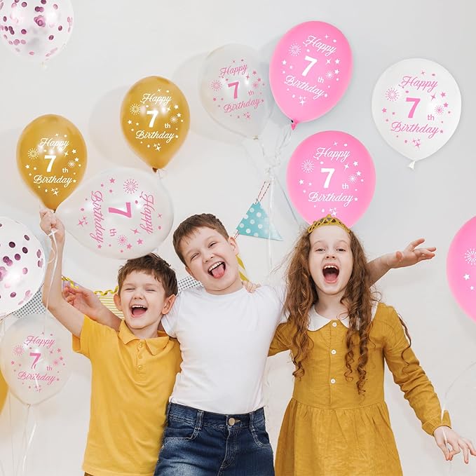 Pink 7th Birthday Balloons - 16pcs Pink & Gold, Happy 7th Birthday Confetti Balloons for Princess Theme Party Decorations