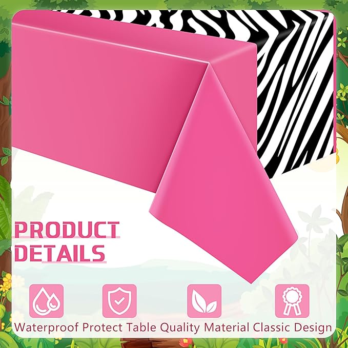 Buryeah 3 Pcs Zebra Tablecloth Zebra Print Plastic Table Cloth Disposable Tablecloth Animal Safari Table Cover 54 x 108'' for Baby Shower Wedding Birthday Party Decorations Supplies(Hot Pink A)