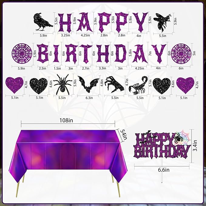 Purple and Black Birthday Decorations, Halloween Birthday Party Decorations Gothic Decor, Black Purple Glitter Spooky Photo Booth Prop Backdrop for Girls, Gothic Inspired Party Supplies Set Include Banner, Cake Toppers, Tablecloth 54" x 108"