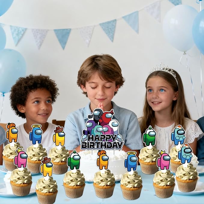 25Pcs Among Game Birthday Party Supplies Pack Includes 1 Cake Topper 24 Cupcake Toppers for Among Game Party Supplies