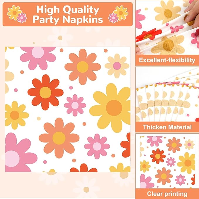 Qyeahkj 50 Guests Groovy Daisy Plates and Napkins Party Supplies Boho Hippie Party Decorations Disposable Tableware Set Retro Hippie Daisy Dinnerware Favor for Birthday Baby Shower,200PCS