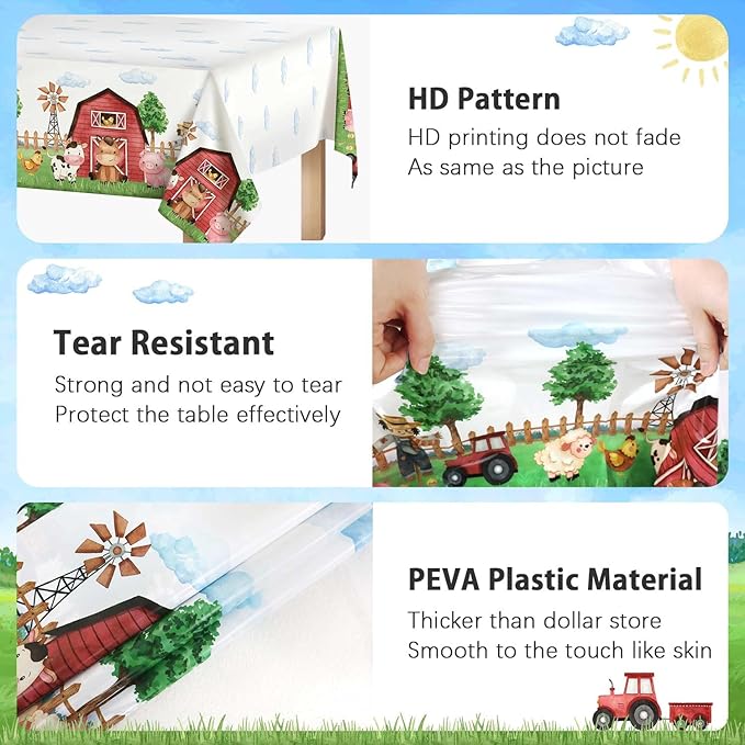 3 Pieces Farm Animal Birthday Party Supplies Tablecloth, Large Size 54 x 108 Inch Rectangular Plastic Table Cover, Barnyard Birthday Party Supplies Decorations for Baby Shower Boys Girls