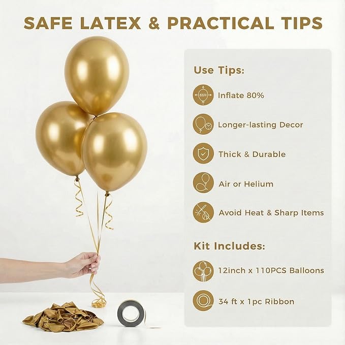 LovesTown 110PCS Latex Balloons, 12inch Helium Party Balloons Arch with Ribbon for Birthday Baby Shower Wedding Party Decorations Gold (Pack of 2)