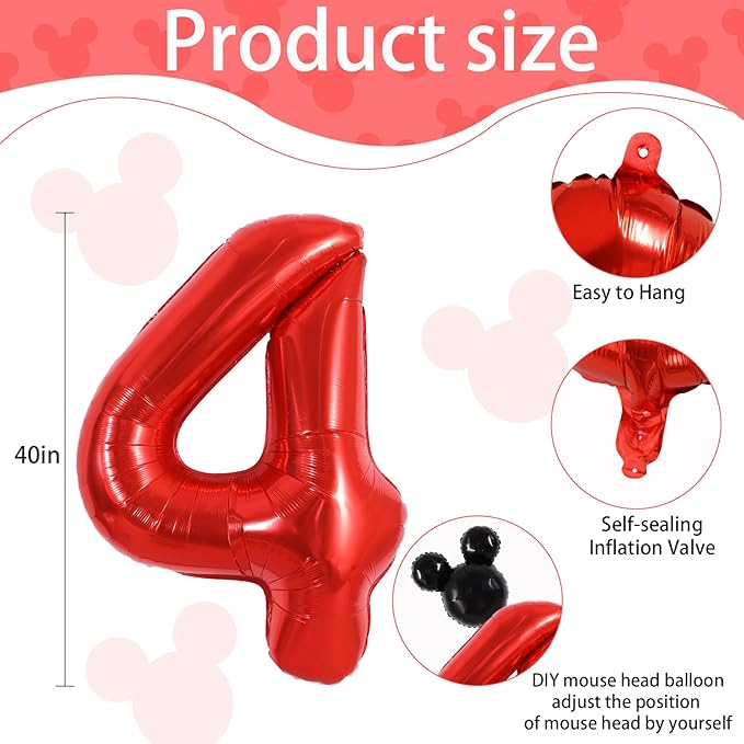 Vuzvuv 40 Inch Mouse Number Balloon No.4, Black Mouse Head Balloon and Red Giant Giant Number Four Balloon for Birthday, Mouse Theme Party Supplies, Baby Shower,Anniversary Decoration