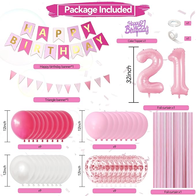 21st Birthday Decorations For Her, Pink Happy Birthday Party Decorations With Pink Confetti Hot Pink Balloons Number 21 Balloons Fringe Curtain Triangle Flag Banner Cake Topper For 21st Party Supplies