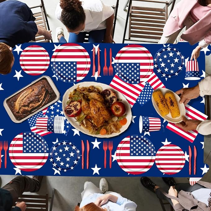 142Pcs American Flag Party Decorations Memorial Day 4th of July Patriotic Tableware Disposable Banner,Tablecloth,Plates,Napkins,Cups,Forks and Knives for Independence Day Party Supplies ,Serve 20