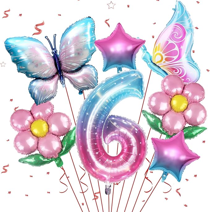 Butterfly Balloon 6th Birthday Decorations, Colorful Gradient Pink Foil Balloons for Fairy Party, Girl Party Supplies, Baby Shower
