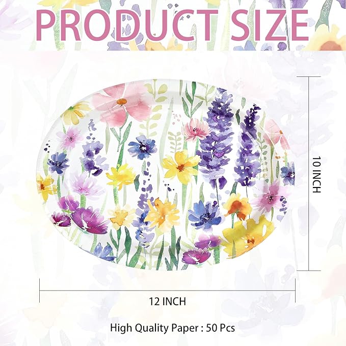50Pcs Spring Floral Oval Paper Plates 10" x 12" Large Heavy Duty Disposable Flower Vintage Dessert Themed Plates for Spring Summer Floral Holiday Wedding Party Supplies Decorations