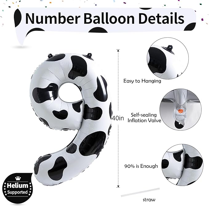 40 Inch Number 9 Balloons for Boys, Cow Print Giant 9th Birthday Party Number Balloons Decor, Self Inflating Foil 9 Balloons for Girls Farm Animal Theme Cowboy Cowgirl Theme Party Decorations Supplies