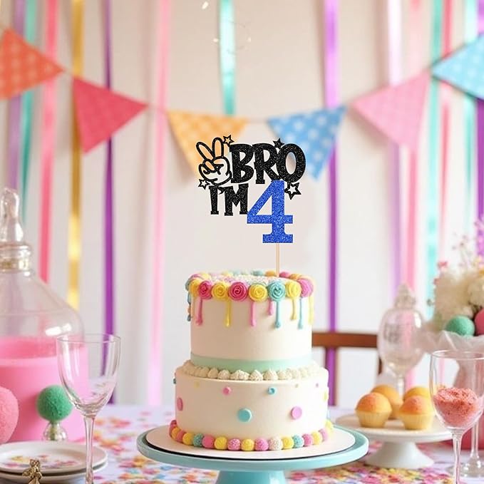 1 PCS Brother I'm 4 Cake Topper Glitter Star Happy 4th Birthday Cake Pick Bro I'm 4 Cake Decoration It's My 4th Birthday Decorations for Boys Cheers to 4 Years Old Birthday Party Supplies Blue
