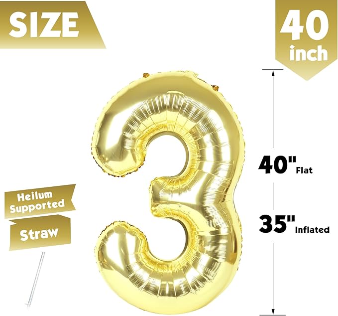 40 Inch Champagne Gold Number 3 Balloon, Giant 3 Number Balloons for 3rd Birthday Decorations, Party Supplies for Baby Boy Girl, Champagne Gold Party Decor