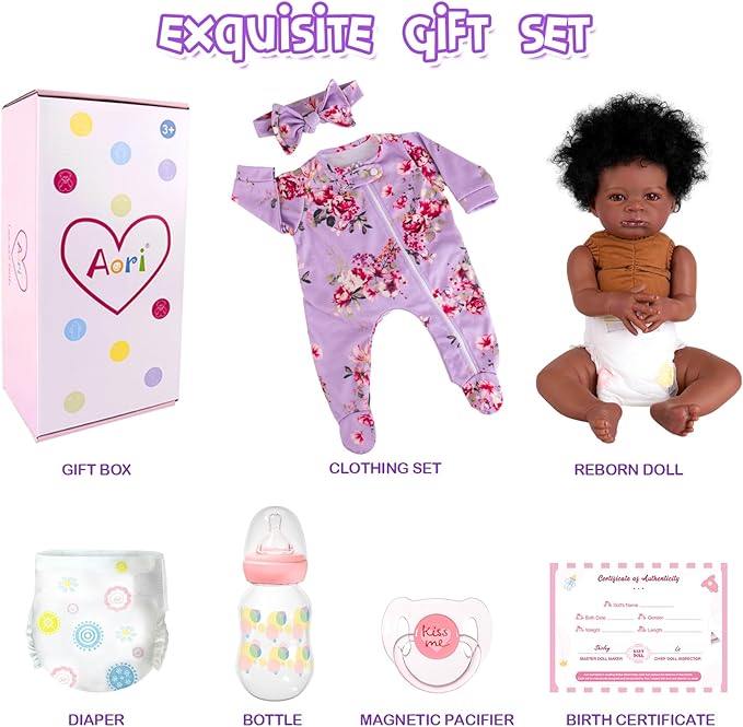 Aori Black Reborn Baby Dolls Girl - Realistic Baby Dolls Black American That Look Real 20 inches, Lifelike Black Baby Doll Soft Vinyl with Weighted Cloth Body, Set for Kids 3+, New-Parents, Elderly