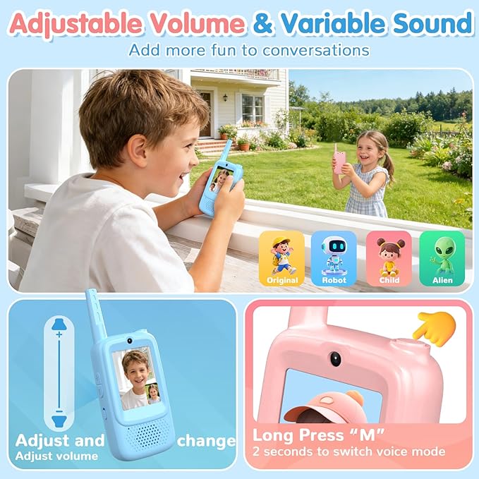 Video Walkie Talkies for Kids, 2 Pack Rechargeable Kids Walkie Talkies with Video Intercom Voice Changer, Indoor Outdoor Toy for Family Games, Camping, Hiking Gift for Boys Girls Ages 3-10 (Blue/Pink)