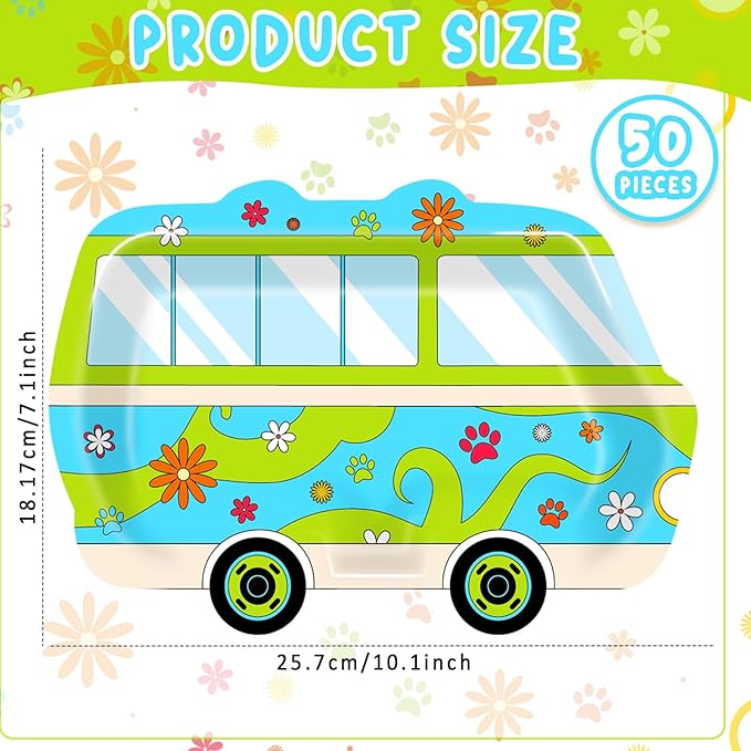50PCS Mysterious Car Dog Birthday Party Decorations Mystery Car Theme Paper Plates for Kids Hippie Bus Disposable Dinner Dessert Plates Daisy Cartoon Dog Paw Dinnerware Baby Shower Party Supplies