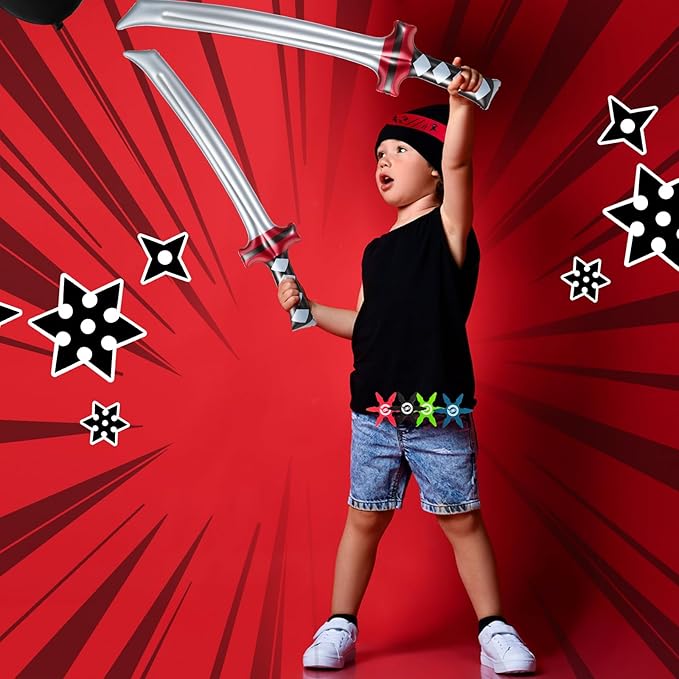 Deekin 48 Pcs Ninja Karate Party Favors Include Inflatable Sword Throwing Foam Star Toys Karate Headband for Ninja Theme Party Decoration Supplies Goodie Bag Filler Gift Costume Accessories