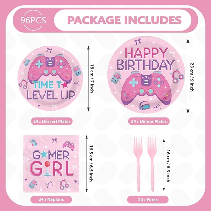 96Pcs Video Game Birthday Party Supplies Pink Game Birthday Plates and Napkins Teens Gaming On Level Up Tableware Set for Girls Kids Baby Shower Gamer Party Decorations Serves 24