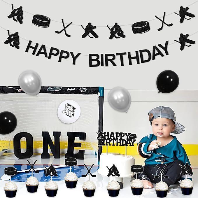 Ice Hockey Birthday Decorations for Boys Hockey Birthday Party Supplies with Ice Hockey Happy Birthday Banner Cupcake Cake Toppers Hockey Garland for Sports Birthday Party Supplies