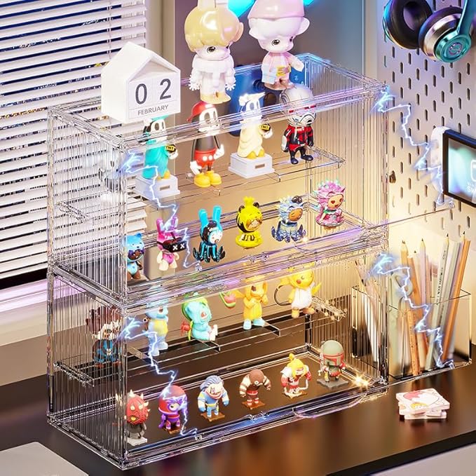 Acrylic Display Case for Collectibles ,2 Layer Adjustable Figure Display Case with Magnetic Door ,Clear Stackable Display Box for Collectibles,Toy, Figures Showcase