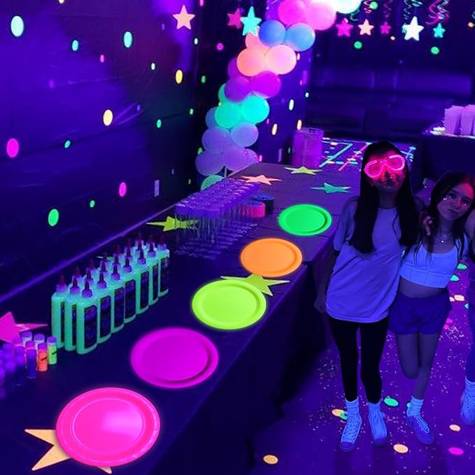50 Pcs Glow in the Dark Neon Party Supplies, 5 Color Neon Birthday Plates Disposable Paper Plates for Let's Glow Party Decorations Halloween, 9 x 9 inches